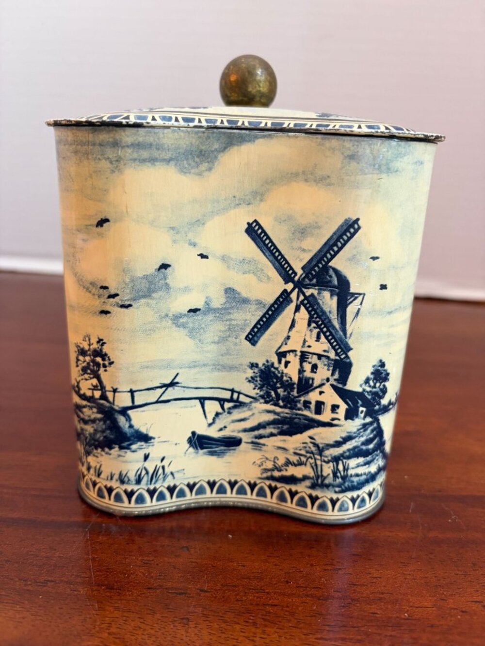Vintage Delft Style 6" Tin Container With Wavy Contour Shape, 1950's